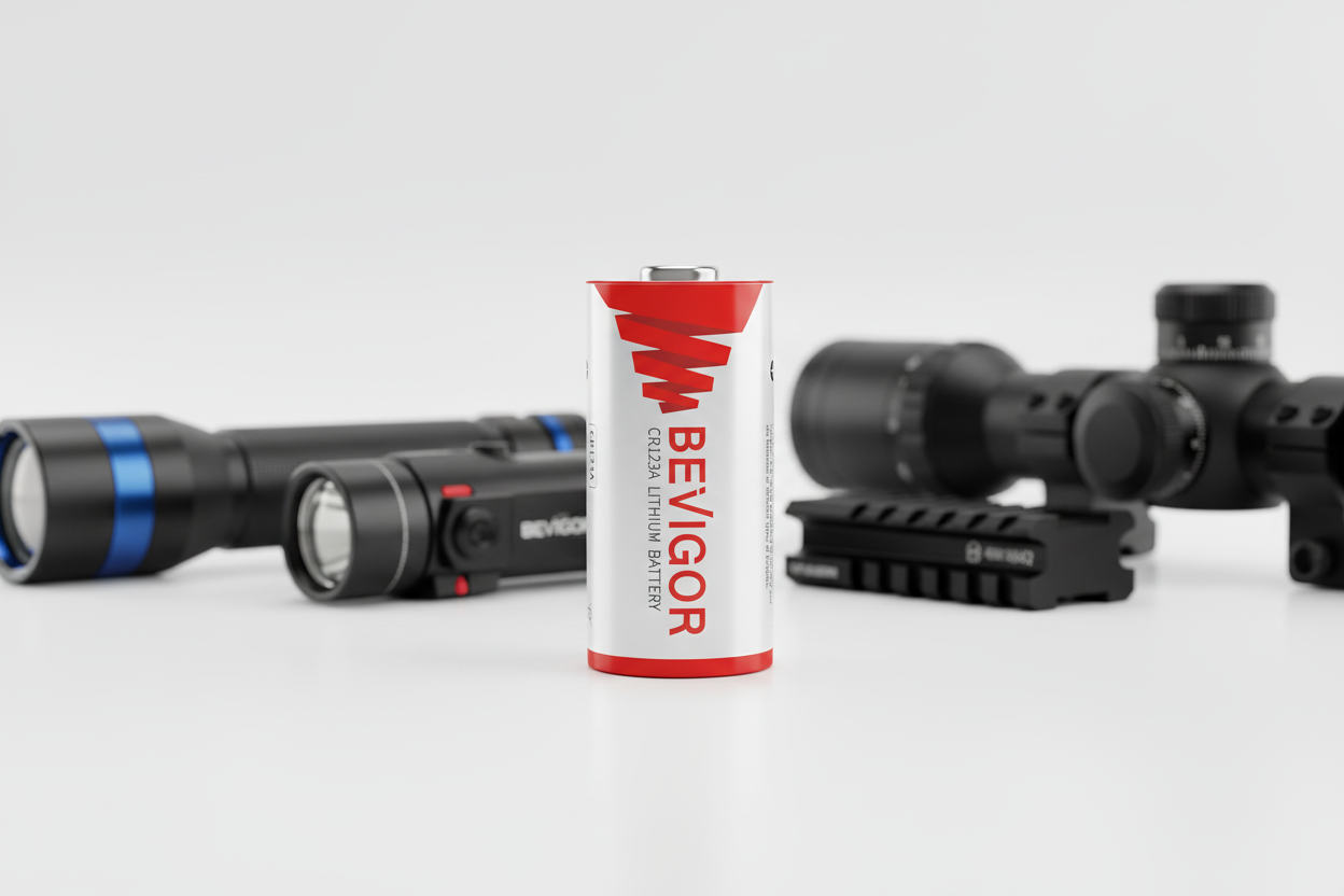 CR123A lithium battery with flashlights and an optical device