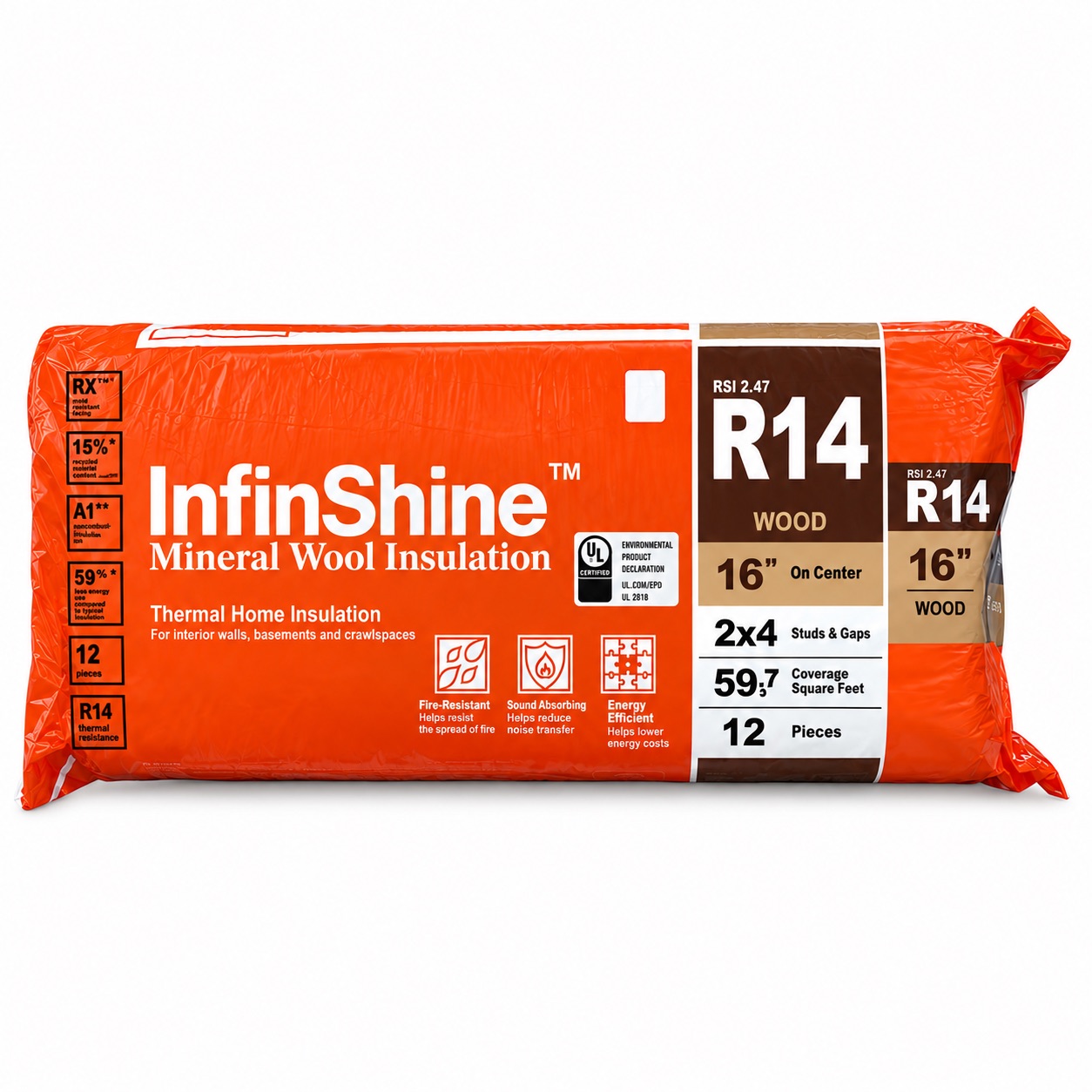 English-labelled package of R-14 mineral-wool insulation